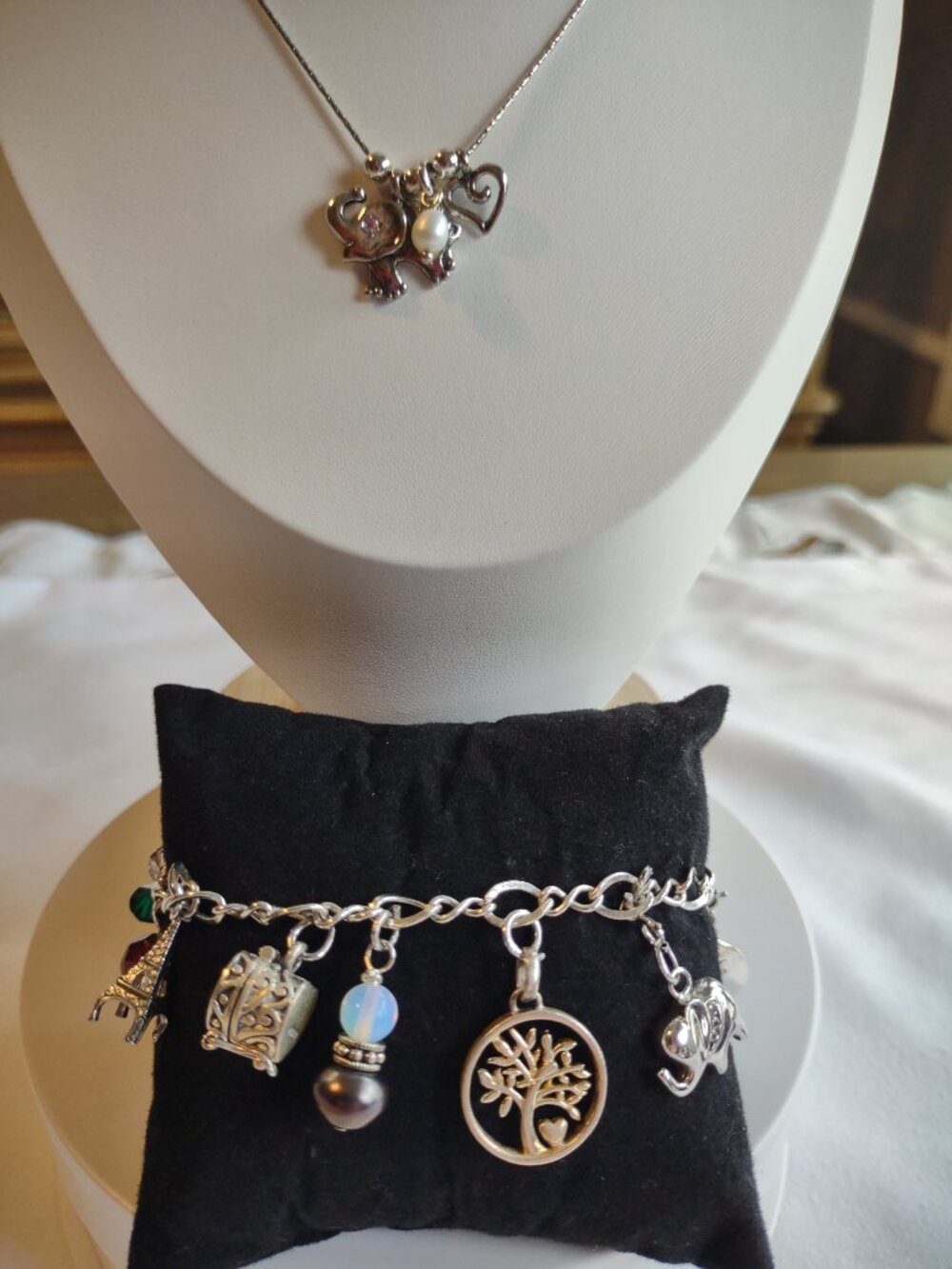 2-Piece-Set Charm Necklace + Charm Bracelet 7"L Sterling Silver 925 Vintage